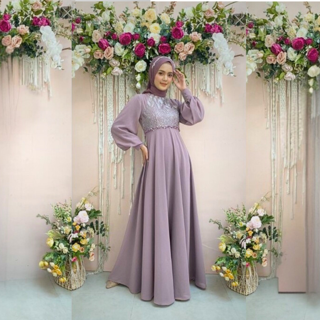 Gaun Pesta muslimah Elegan Kombinasi Brokat Bisa Custom Warna & Ukuran Untuk Wisuda Kondangan Prewed