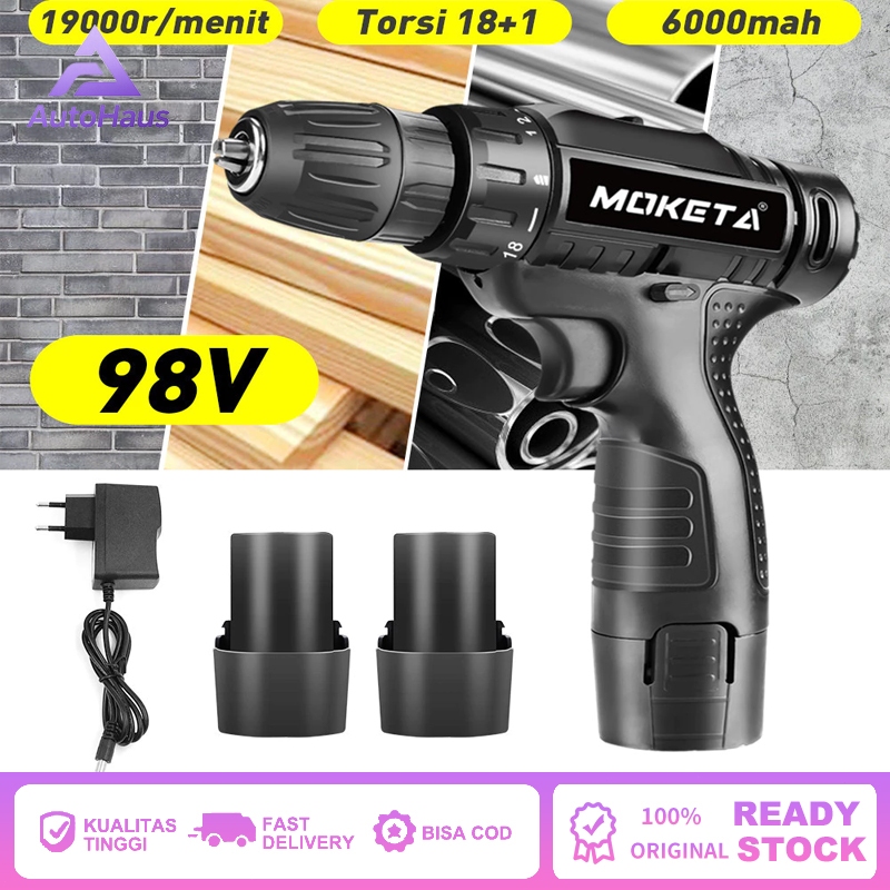 Bor Listrik 98V Mesin Bor Baterai Tangan Dengan Cordless Drill Penyesuaian torsi gigi 18+1 2 Baterai