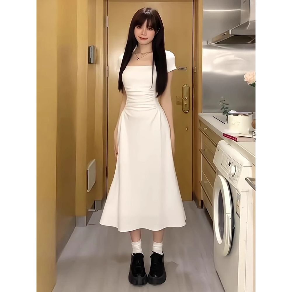 HOT PRODUCT PUTIH DRESS PARTY ELEGAN VINTAGE MIDI LENGAN PENDEK WANITA KEKINIAN DRESS RAYA 2025