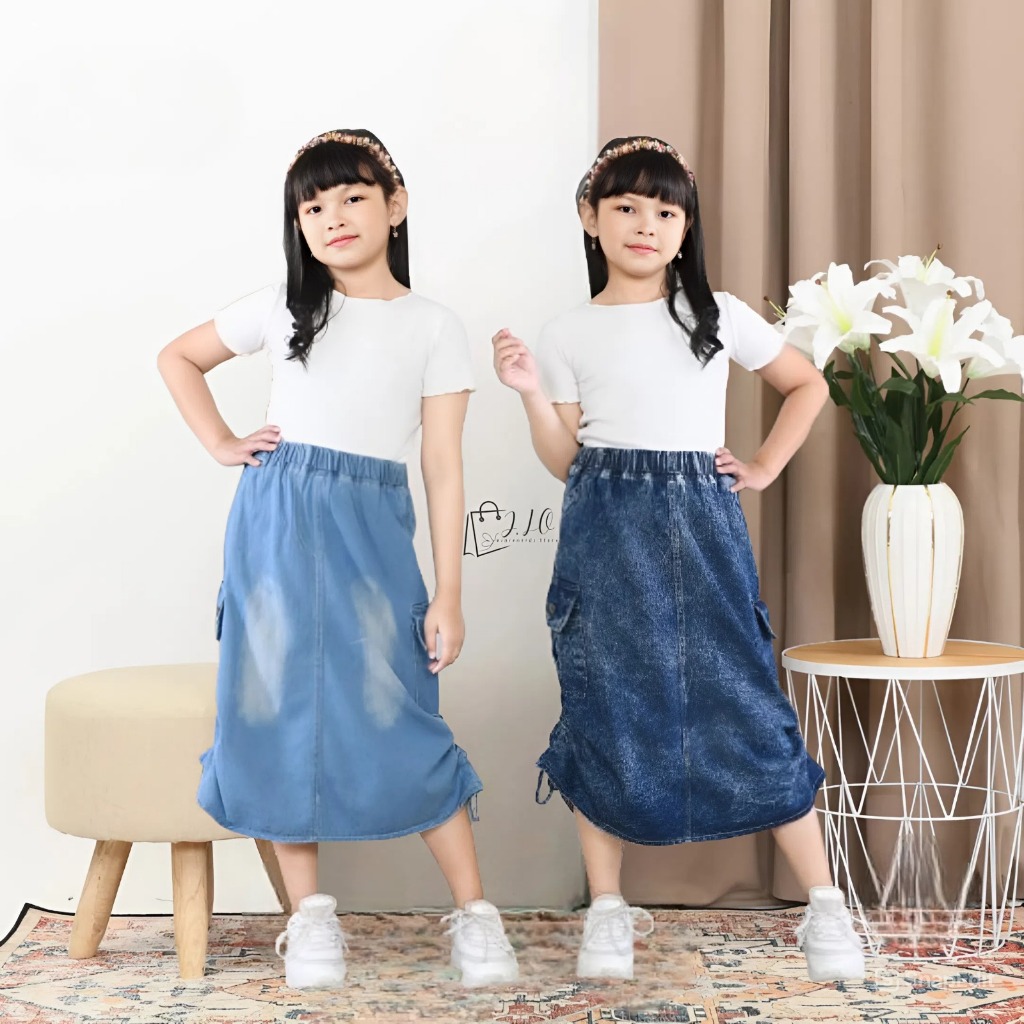 ROK JEANS CARGO ANAK PEREMPUAN // ROK JEANS PANJANG ANAK PEREMPUAN // ROK CARGO SERUT ANAK // ROK PA