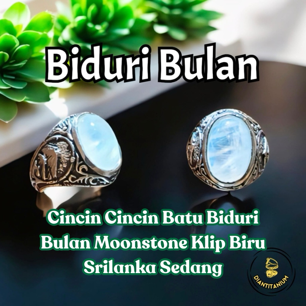 Cincin Batu Biduri Bulan Moonstone Klip Biru Srilanka Sedang