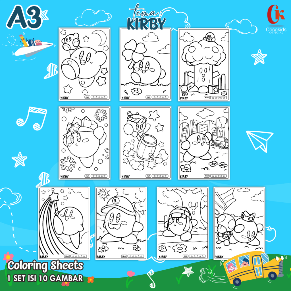 

(KIRBY 01) KERTAS MEWARNAI ANAK A3 - COLORING SHEETS SERIES 1 - LEMBAR MEWARNAI ANAK PAUD/TK/SD