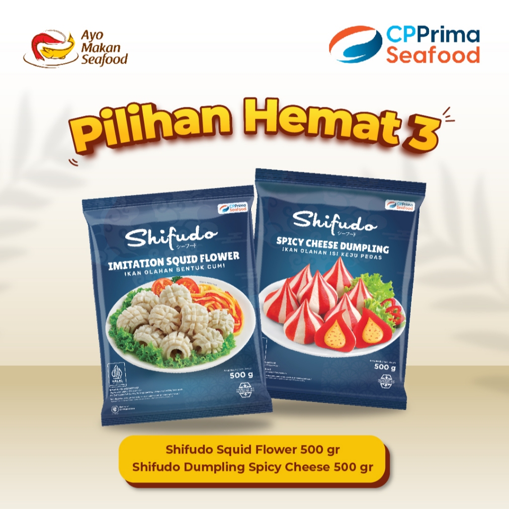 

Pilihan Hemat 3: Shifudo Cumi Flower 500g & Shifudo Dumpling Spicy Cheese 500g / Paket Hemat Seafood