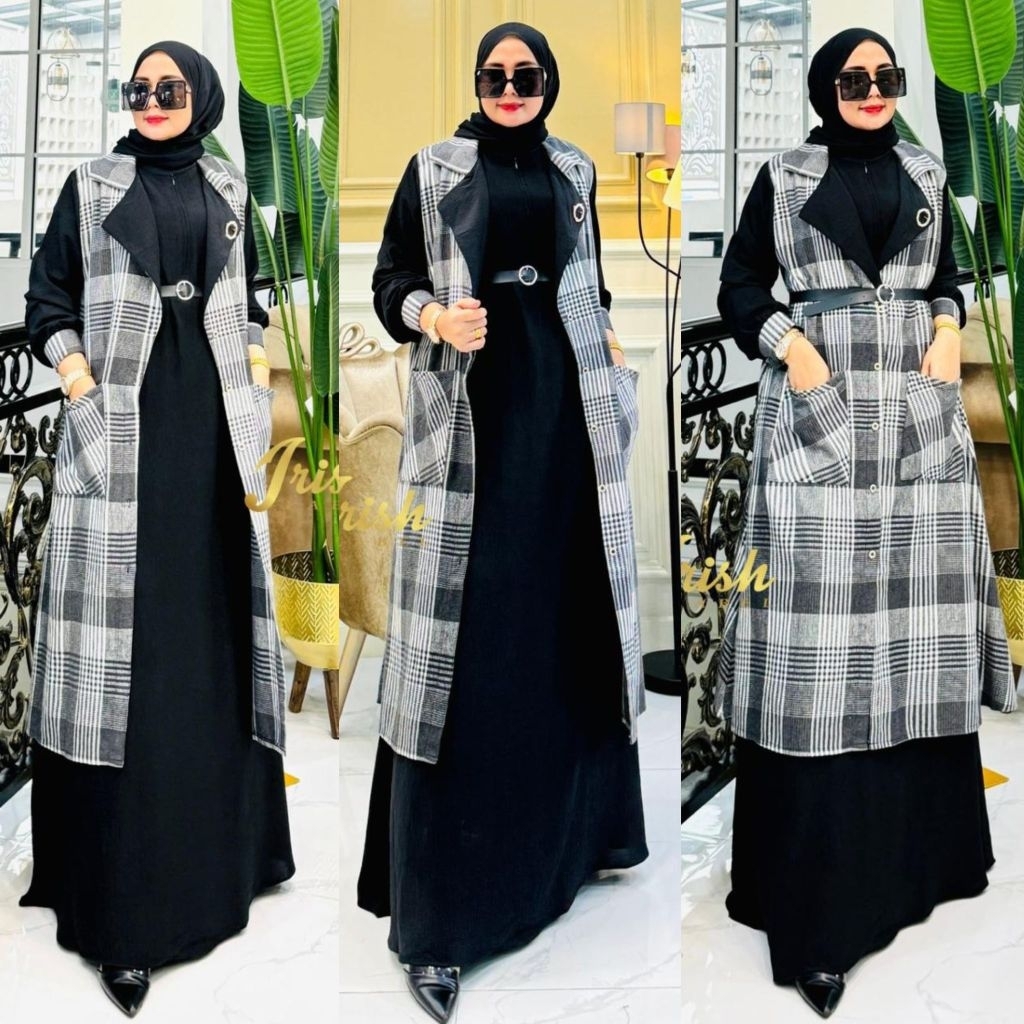 ZALFA SET OUTER BY IRISH LABEL SET INNER OUTER LONG OUTER KATUN FLANEL MOTIF DRESS LONG BLAZER