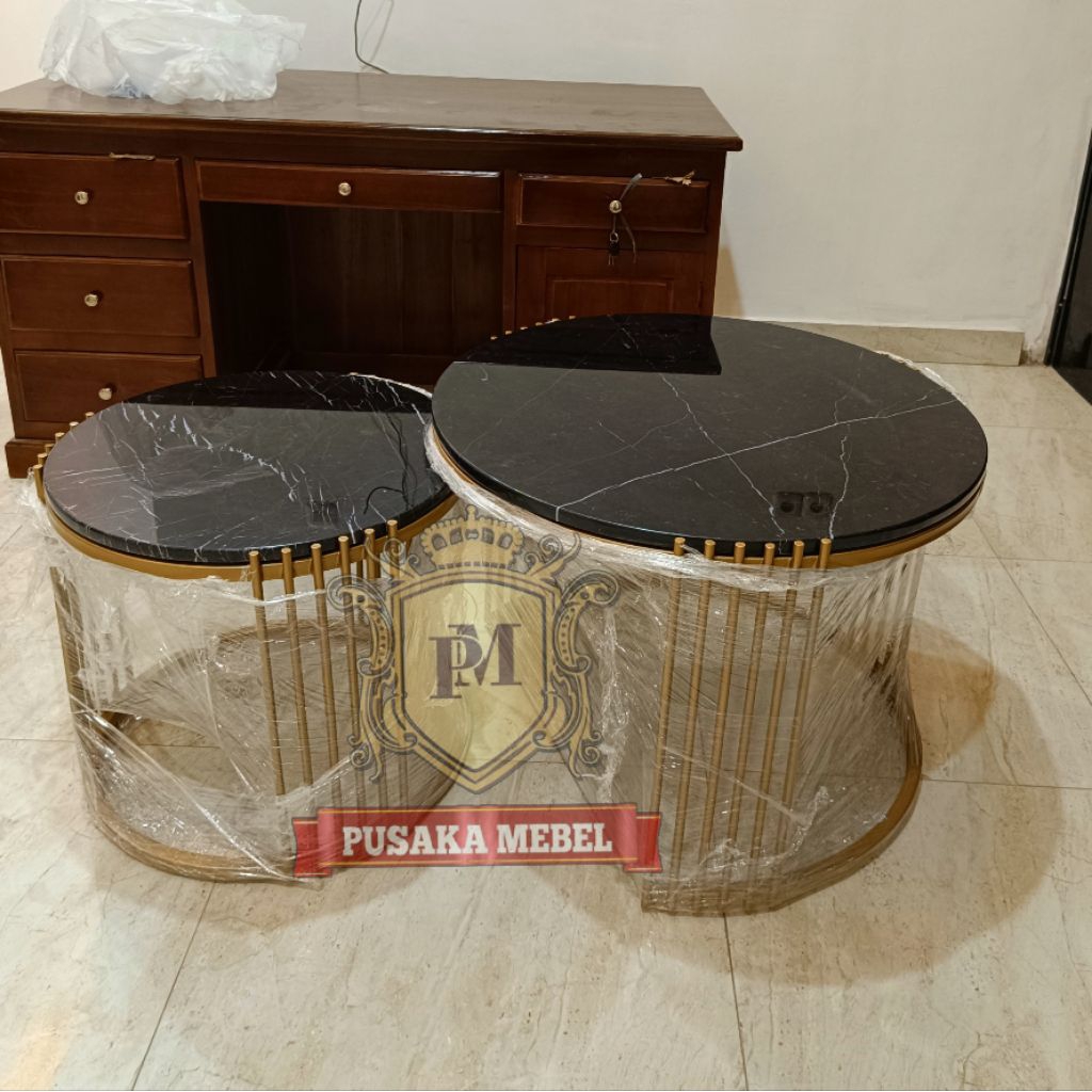 meja tamu marmer nesting bulat, coffee table marmer asli model bulat, meja tamu rangka kaki besi top