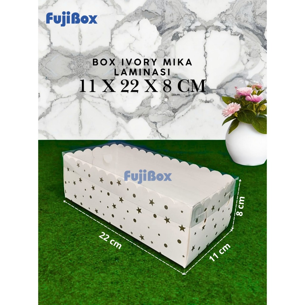 

( 10 Pcs ) Fuji Box Dus Kotak Kue hampers puding cake Ivory Motif Polkadot Bintang Gold laminasi 11 cm x 22 cm x 8 cm Premium Tutup Mika Full