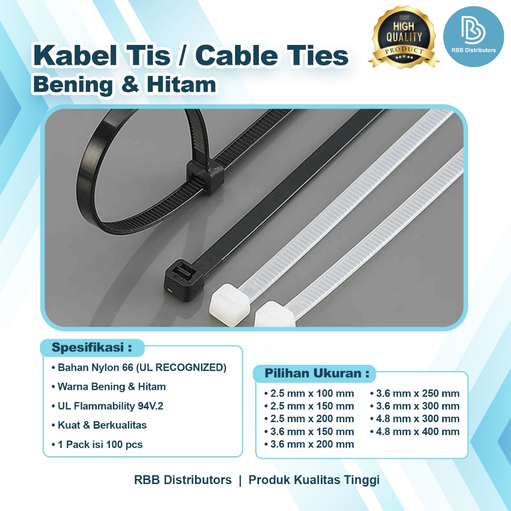 

Kabel Tis / Cable ties / Kabel Ties Hitam Bening 3.6 mm 1 Pack isi 100 Pcs Kualitas Premium