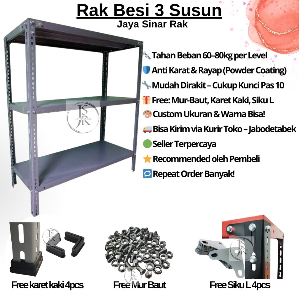 Rak besi siku 3 susun / rak besi serbaguna 3 susun / rak gudang serbaguna 3 susun