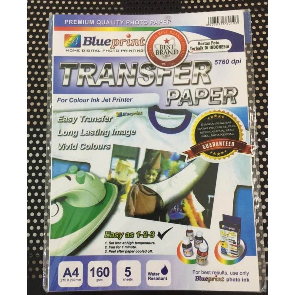 

Kertas Transfer Paper Blueprint khusus kaos berwarna putih isi 5lembar