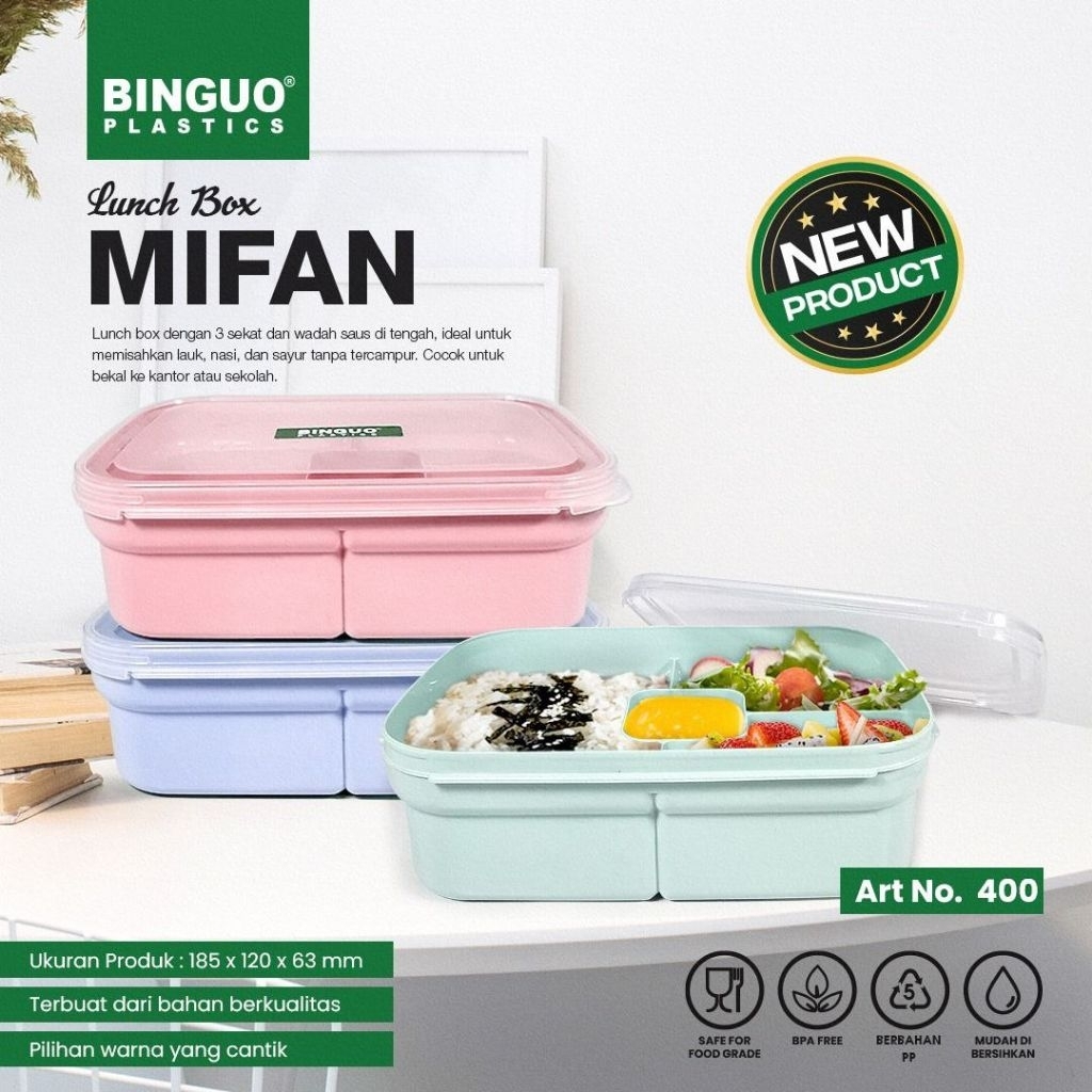 Lunch box kotak bekal Mifan Clio 3 sekat ukuran 18x12x6 cm