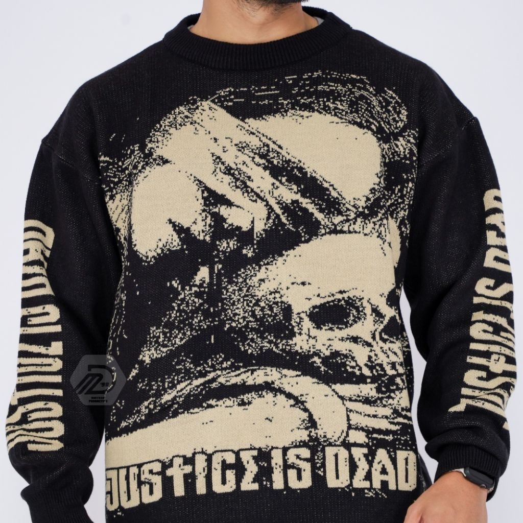 Sweater Rajut Justice Is Dead Skull – Gaya Gothic Punk Streetwear Unisex
