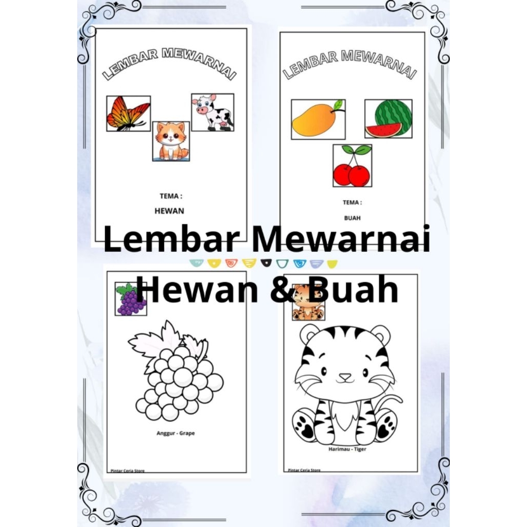 

Lembar Kertas Mewarnai 20 Lembar anak TK/Paud seri Buah & Hewan Ukuran A5
