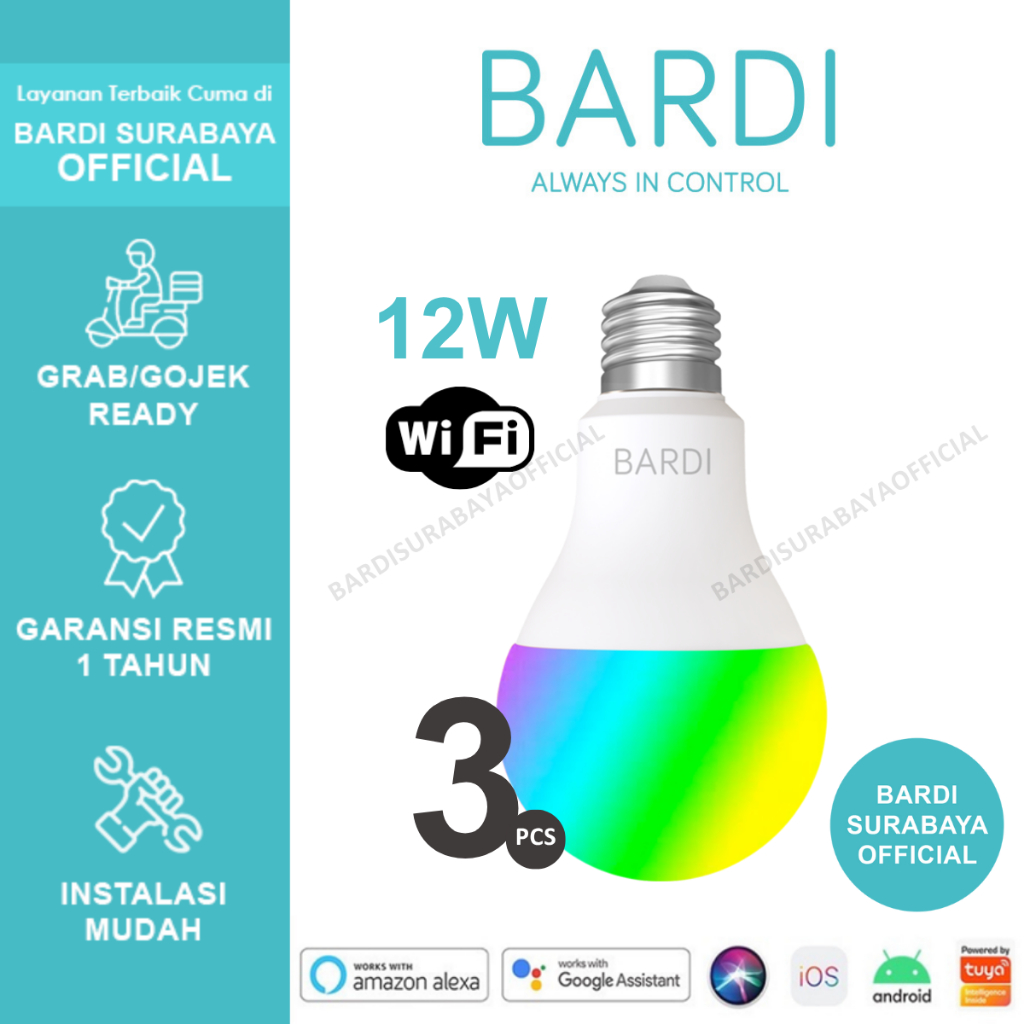 BARDI [3 PCS] Lampu Bohlam Pintar Smart LED Lamp Light Bulb 12W 12 Watt RGBWW Wifi Timer Irama Musik