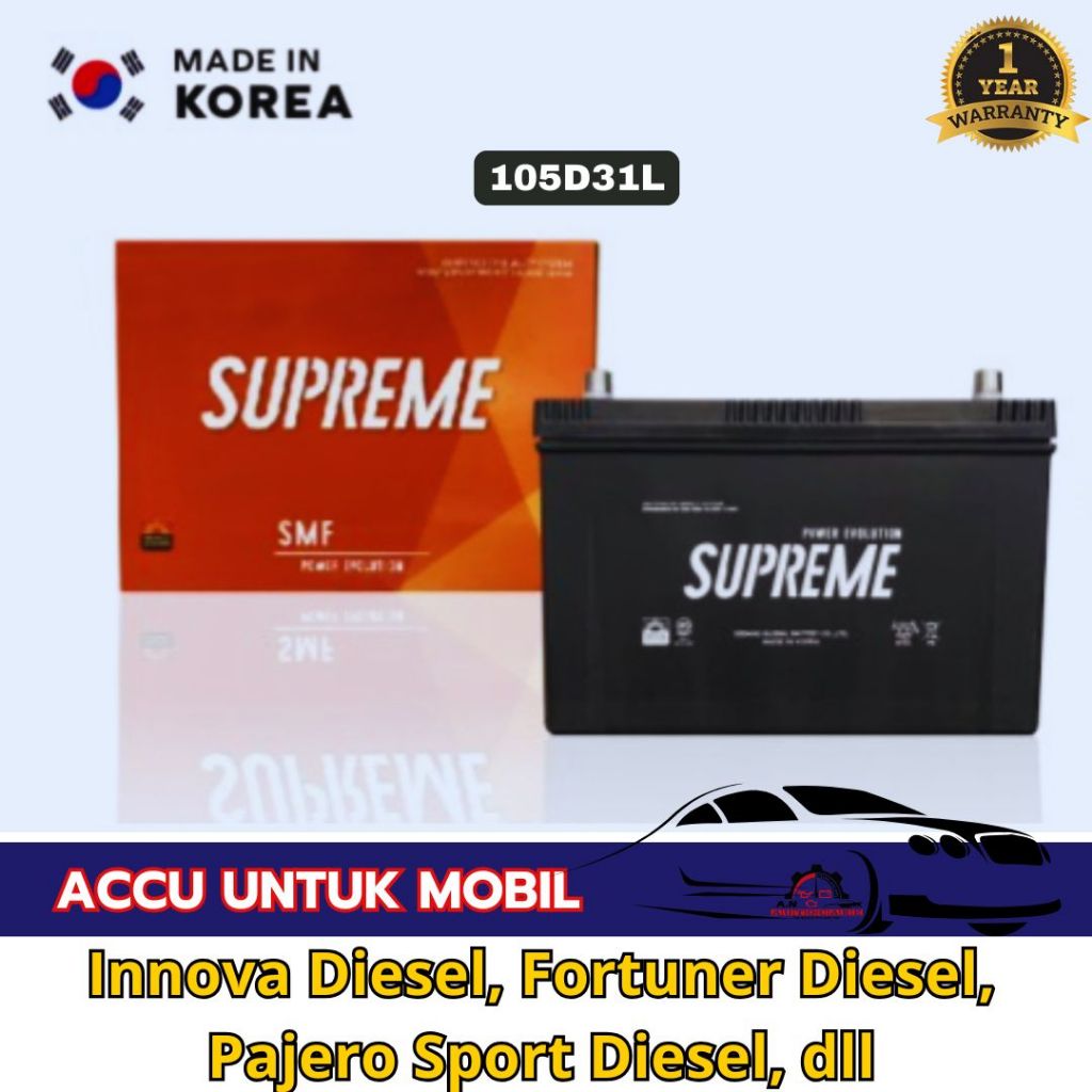 Aki Mobil SUPREME 105D31L Aki KERING  untuk mobil Fortuner diesel, Inova Diesel, Pajero Sport diesel