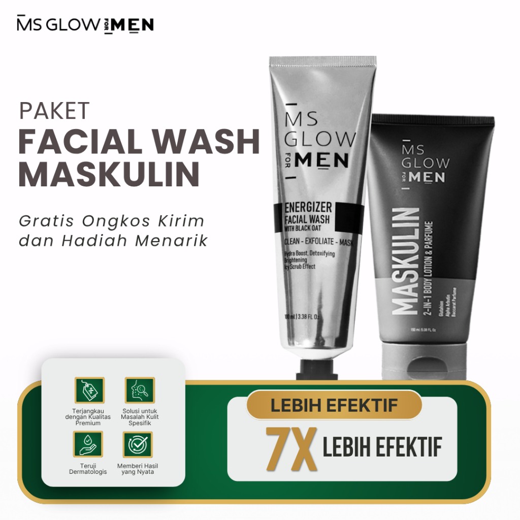 MS Glow Men Paket Facial Wash + Maskulin Lotion Ms Glow For Men Sabun Wajah Pria Body Lotion Cowok G