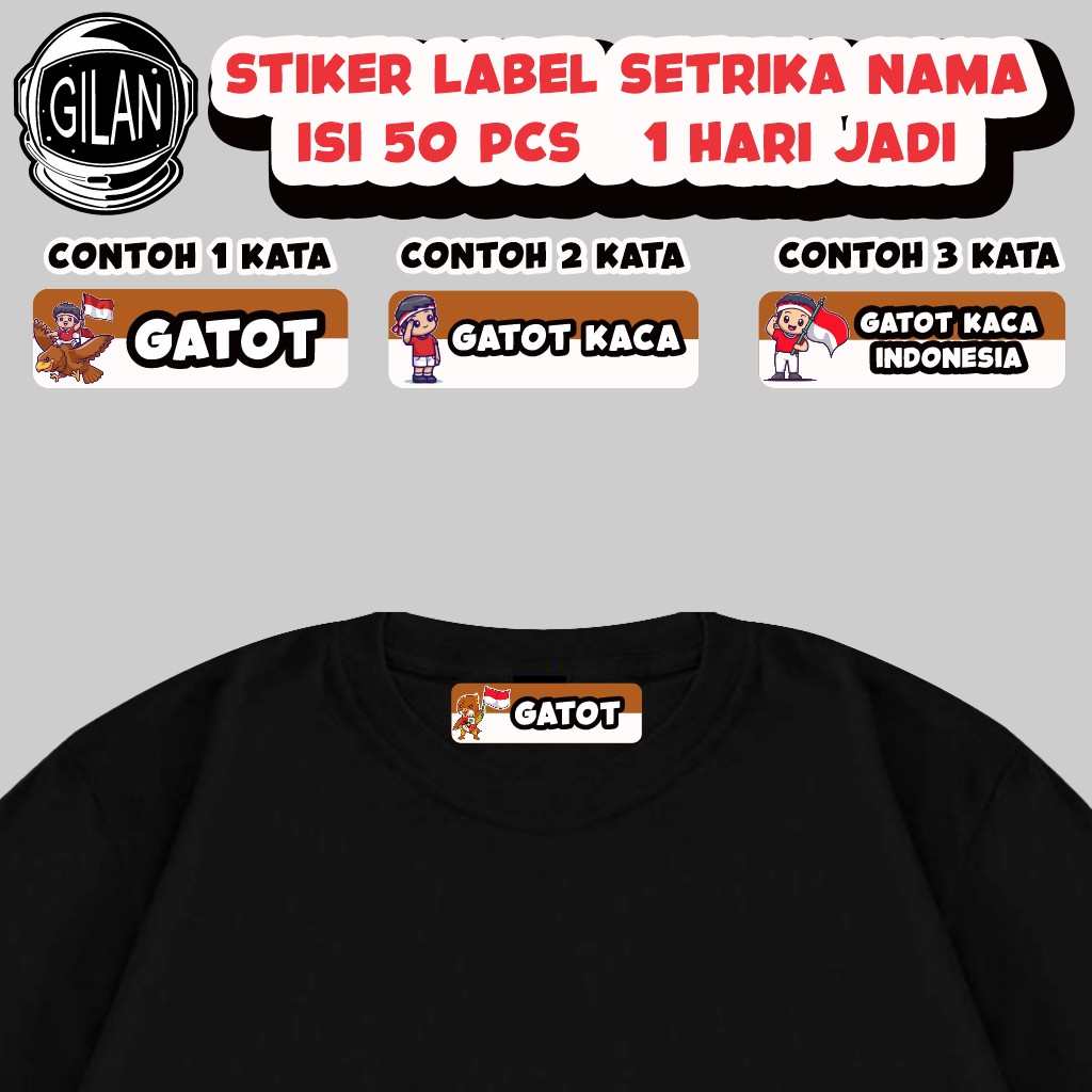 

Sticker Label Nama Kain Baju Isi 50Pcs Kaos Sablon Setrika DTF Stiker Custom Tulisan Tebal INDONESIA