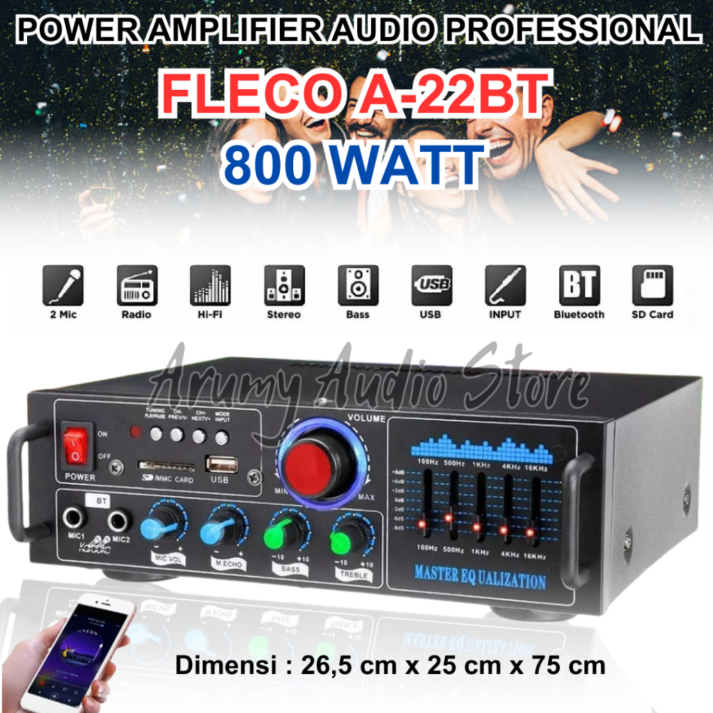 Power Amplifier FLECO A-22BT 800 Watt Full Bas | Amplifier Bluetooth MINI Fleco Audio Power A 22BT 8