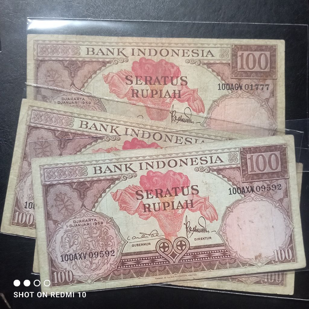 uang kertas 100 rupiah bunga 1959 bekas asli