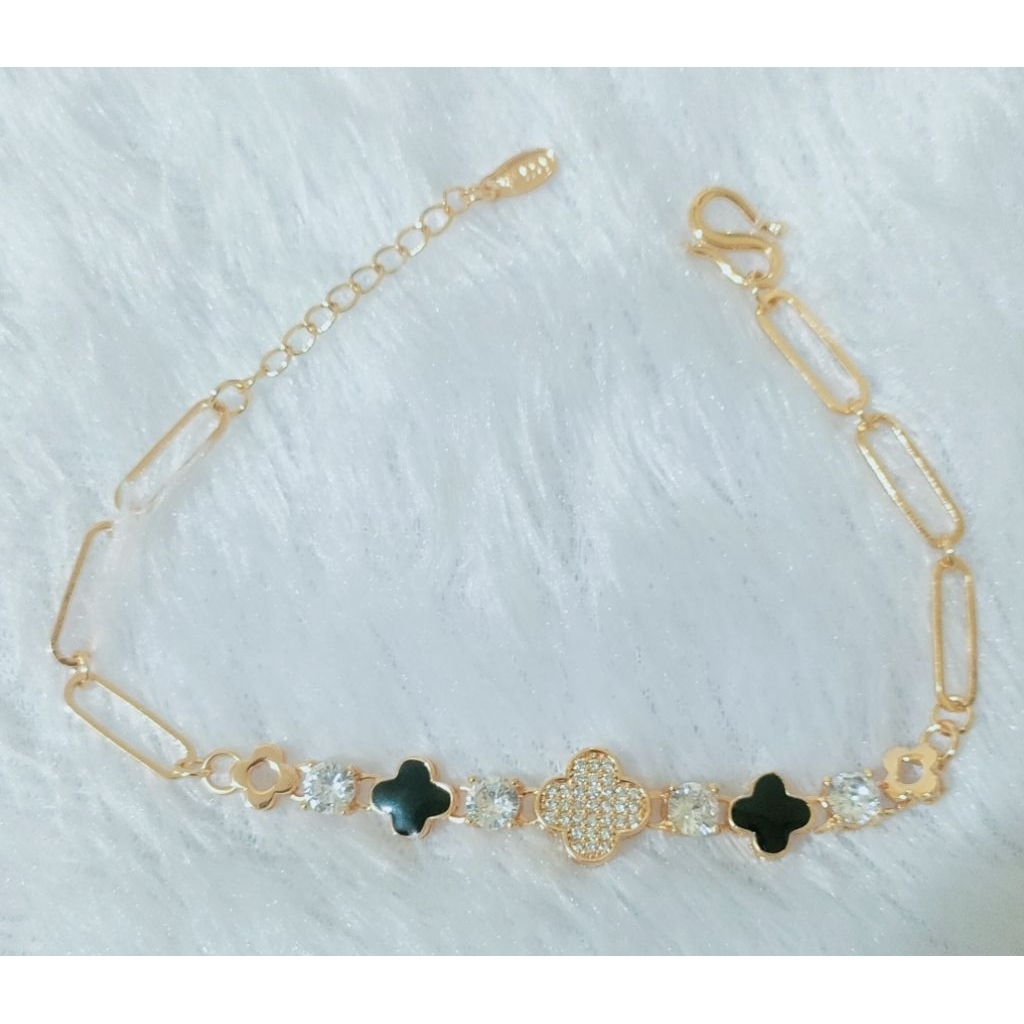 gelang rantai clover permata putih cat hitam berlapis emas tidak berkarat