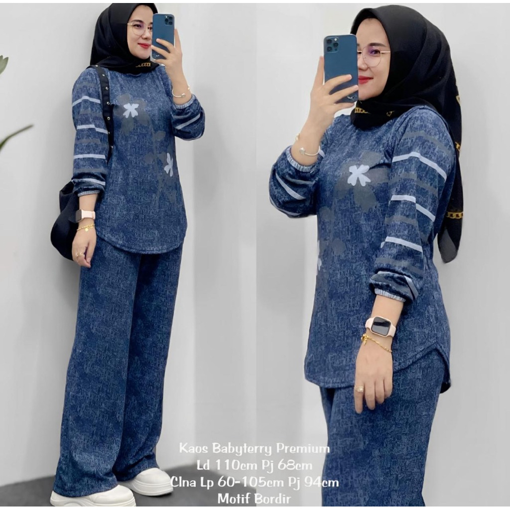 MEGUMI SET CELANA KULOT KNIT PREMIUM LD 110 ONE SET SIMPLE MUSLIM MOTIF BUNGA KEKINIAN