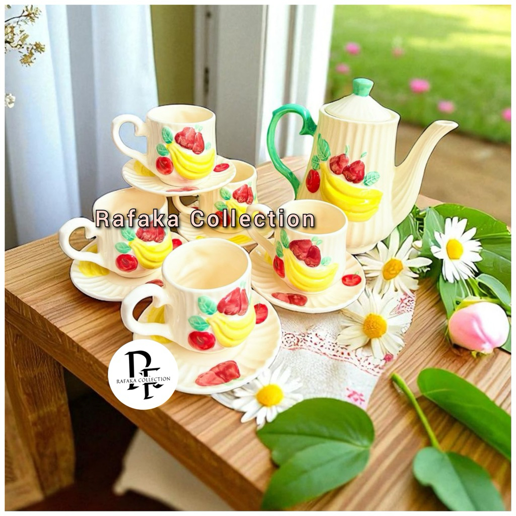 TEKO SET KERAMIK MOTIF BANANA / SET TEH KERAMIK SNI