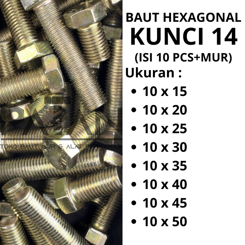 [ISI 10 PCS] Baut dan Mur Besi M10 (Panjang15-50) Kuning Kunci 14 Drat Pitch 1.25 -Baut siku-Baut