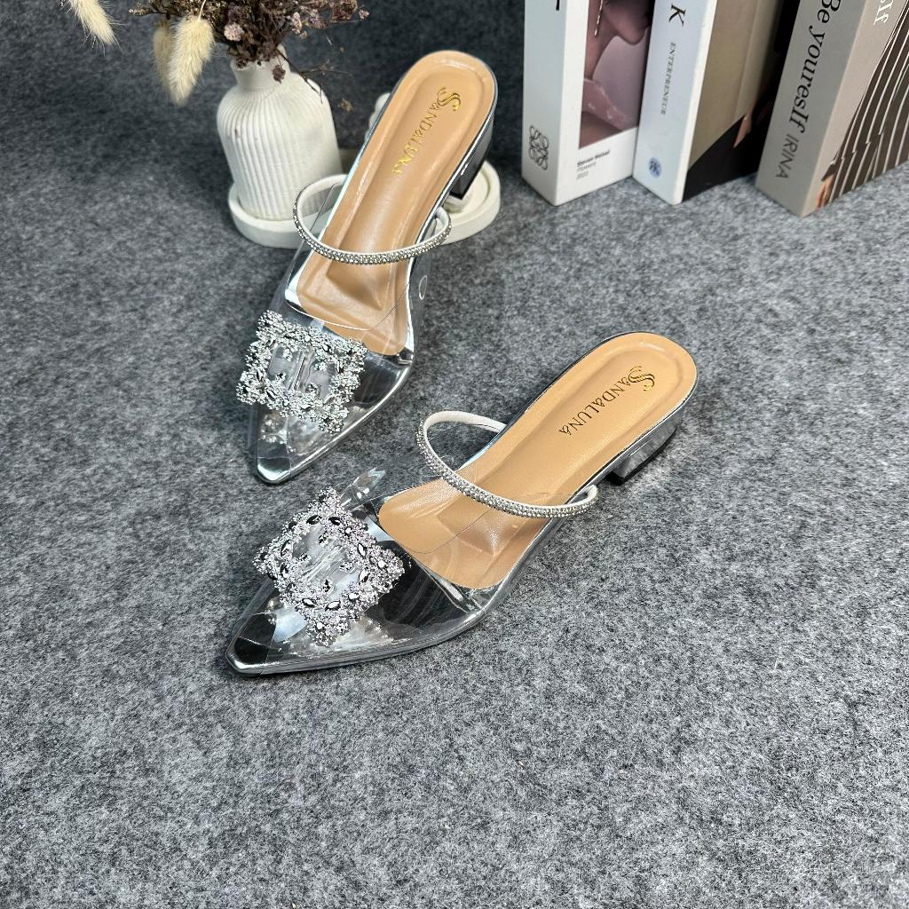 New HR-  Sendal Heels Wanita Terbaru Mika Kaca Transparan Tali Mutiara Pesta Hak Tahu 5cm