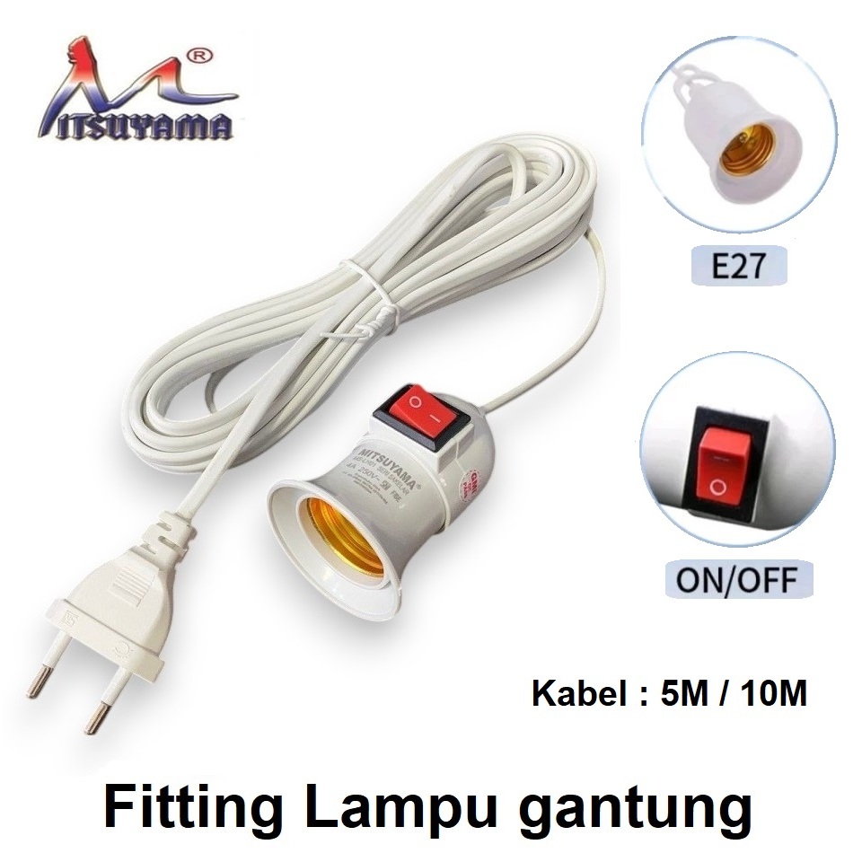 Fitting Lampu Gantung E27 + Switch On Off Panjang Kabel 5m 10m