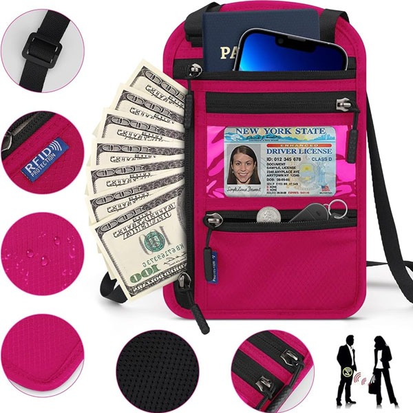 Tas Paspor Selempang Umroh dan Haji RFID Passport Bag Travel Neck Dompet Paspor - Pink
