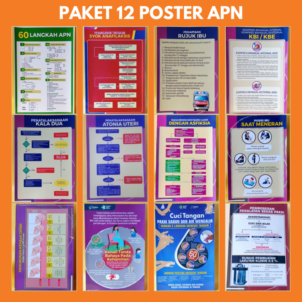Paket Poster | 12 Lembar Poster APN Lengkap | Poster Kebidanan Kesehatan | Poster Edukasi Persainan