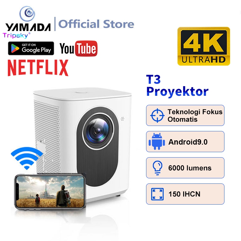 RUMPIN Proyektor Android T3 4K HD Mirror Android WiFi Bluetooth Smart Proyektor 6000 Lumens