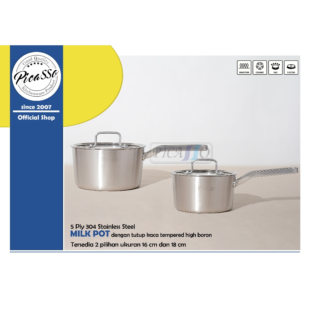 Sauce Pan Picasso stainless 304 with glass lid / panci susu tutup kaca