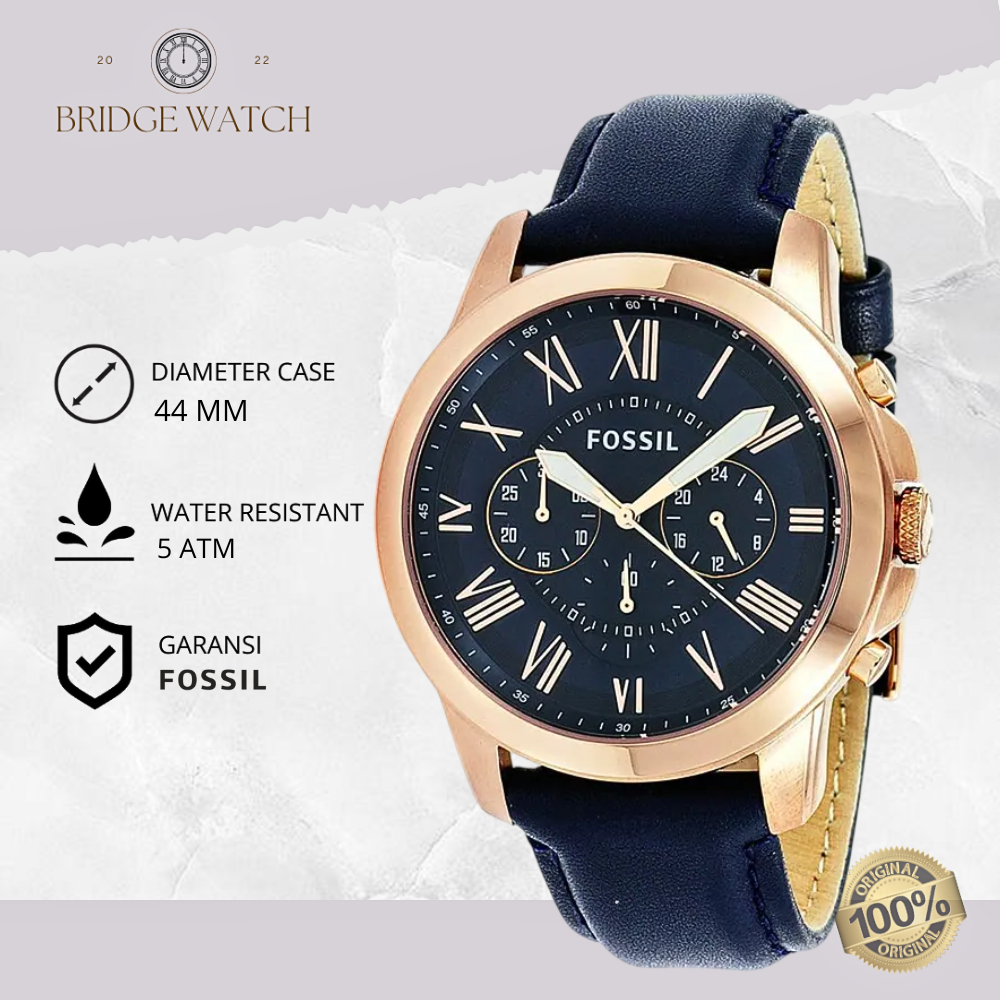 Jam Tangan Pria Fossil Grant FS4835 Chronograph Blue Dial Navy Leather Strap Casual Original