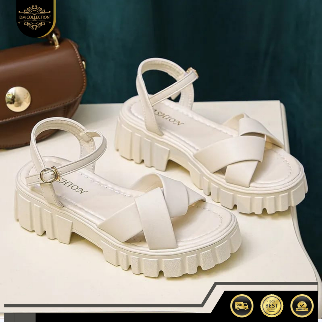 DM-SHOPP Sandal Wedges Wanita Hak Tebal Slip ON Variasi Pita Lilit Polos Kombinasi Tali Gesper Sampi