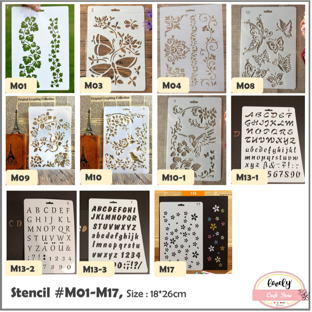 

LovelyCraftStore | M01-M17 ~ Plastik Stensil Cetakan Stensil, Plastic Stencil for Baking, Journal, Scrapbook, Bujo, Drawing, etc