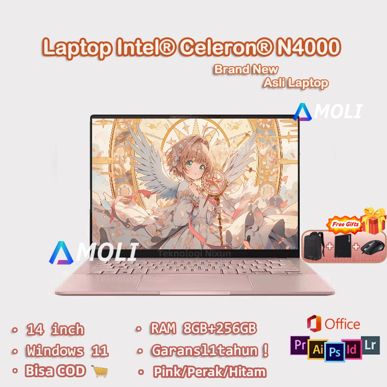 AMOLI Laptop Baru Laptop Laptop 14 inch layar HD windows 11 Pink Silver Hitam Laptop RAM 8G+256GBSSD