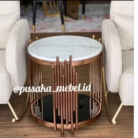 corner table top marble stainless, meja sudut meja pojok bulat top marmer kaki besi stainless, meja 