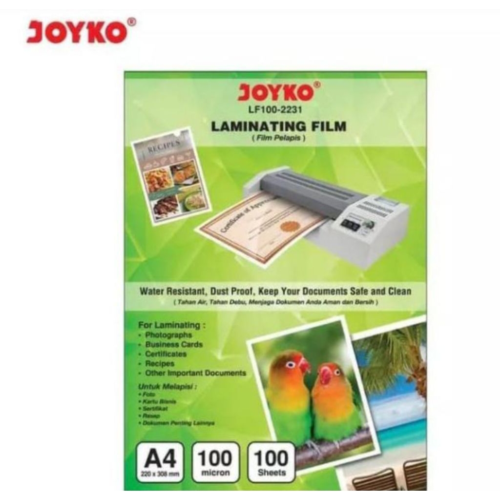 

plastik laminating A4 joyko 100 micron pak 100 lembar