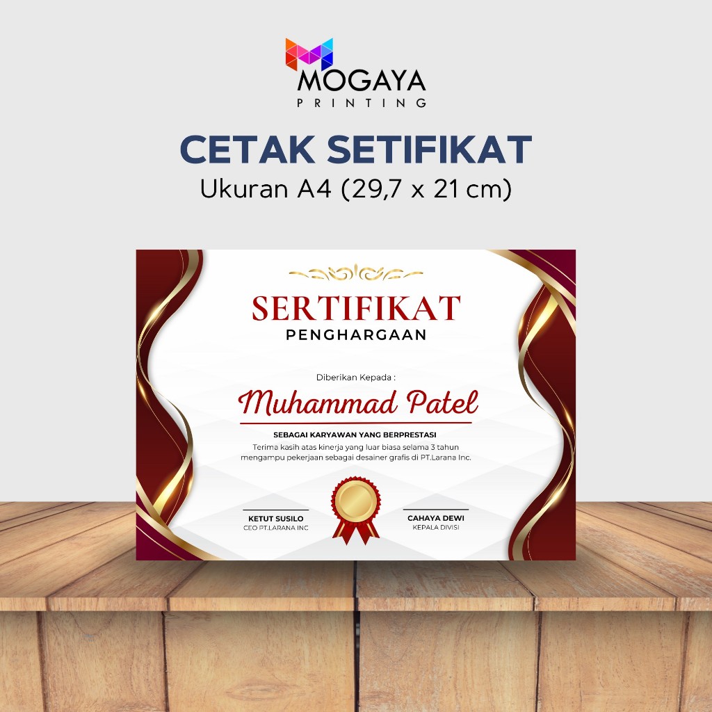 

MOGAYA PRINTING - Cetak Sertipikat Ukuran A4 / Piagam Penghargaan - 1 sisi kertas Linen 150 gsm