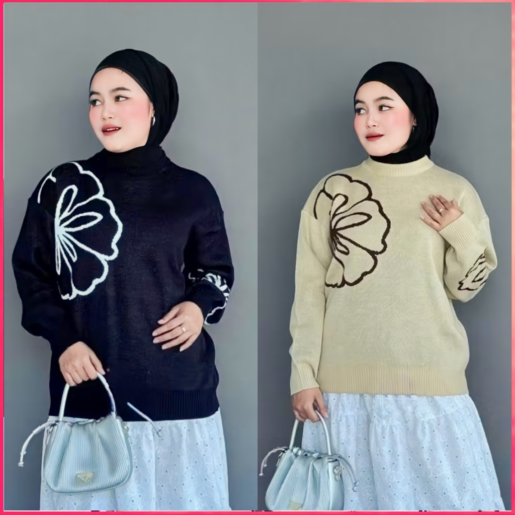 Pariroo Sweater Rajut Jihan Wanita Muslimah Motif Floral Oversize | Baju Hangat Kekinian Hijab Frien
