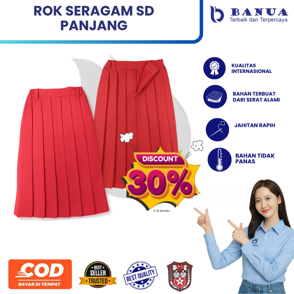 Rok SD Rempel Panjang Merah Premium || Rok SD Merah Nagata || Seragam Sekolah || Seragam SD Bahan Na