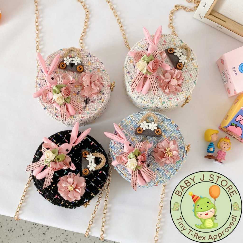 [Baby J] Tas Selempang Anak Rajut Bulat Hiasan Bunny dan Bunga