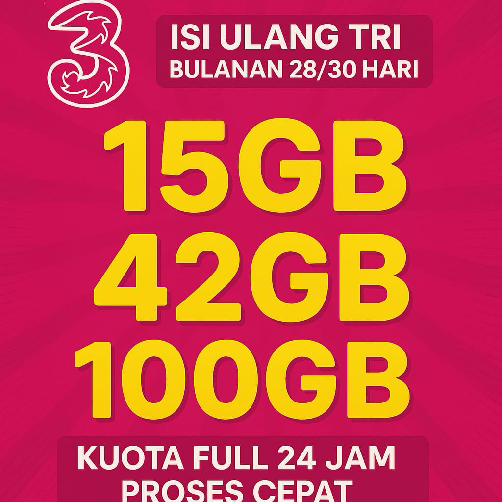 ISI ULANG PAKET KUOTA TRI 15GB/42GB/100GB Dll