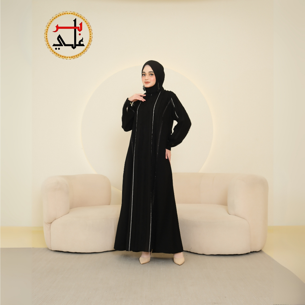 BIIR ALI Collection Abaya Hitam Kombinasi Khas Dubai Busui Friendly Hitam Pekat Motif Abstrak Timbul