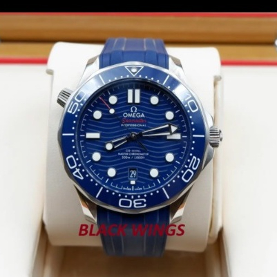 BLACK WING SEAMASTER SWISS BLUE DIAL RUBBER BLUE STRAP 43MM JAM PRIA OMEGA