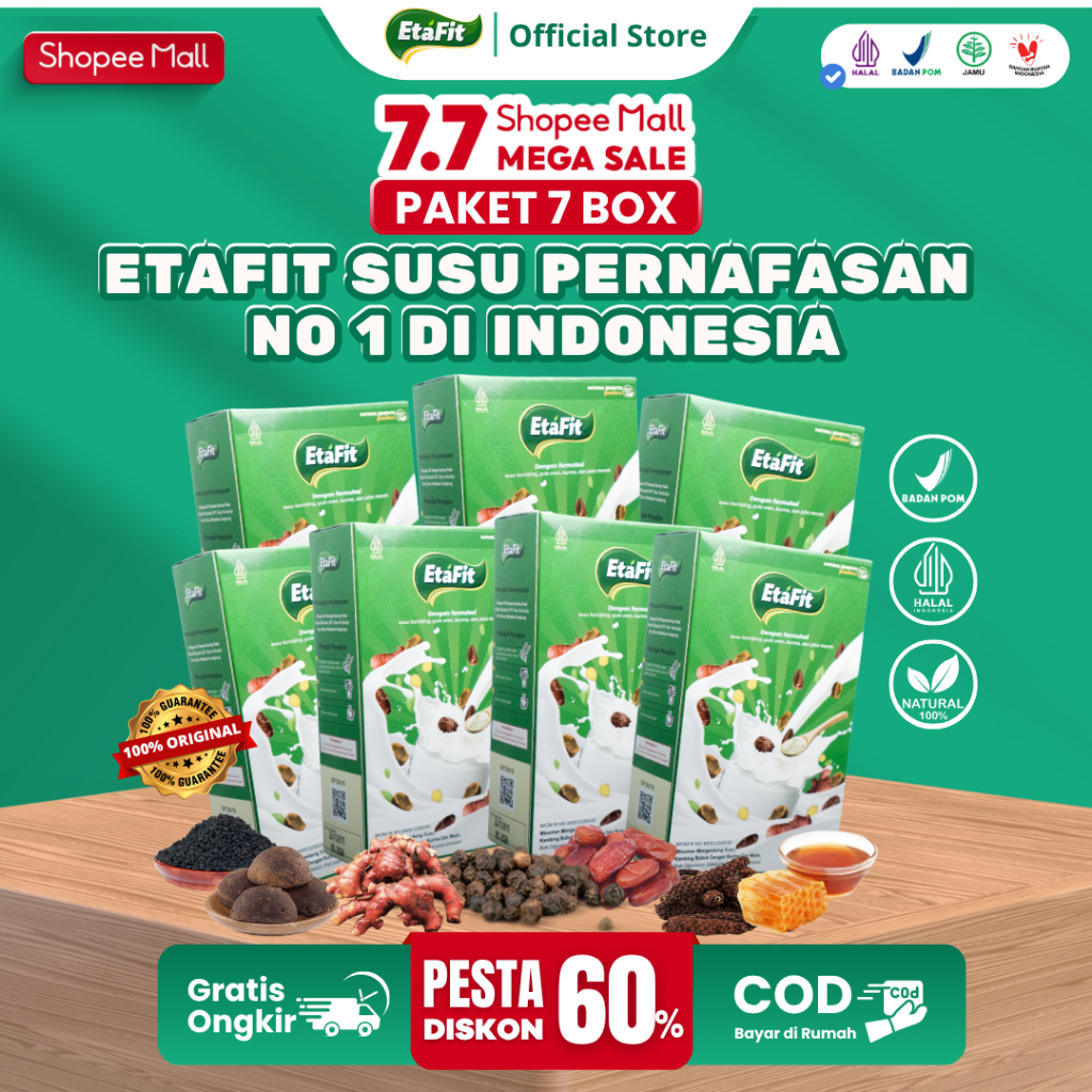 

ETAFIT - Susu Kambing Etawa Plus 7 Bahan Herbal - Solusi Asma Sesak Nafas dan Batuk - Paket 7 Box