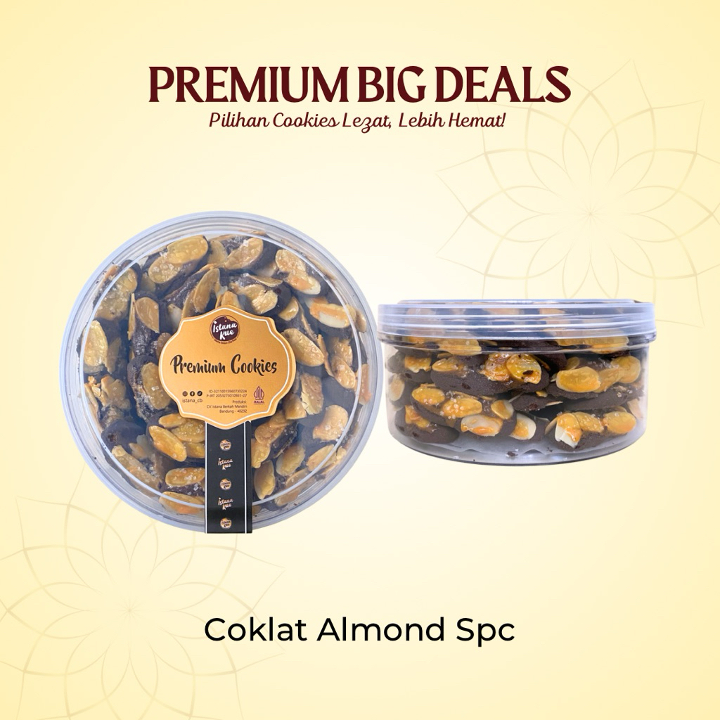 

ISTANA KUE KERING COKLAT ALMOND PREMIUM COOKIES | Kue Dark Coklat Lembut dan Gurih Kacang Almond Stoples Bulat