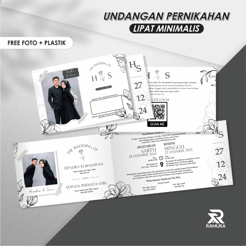 Undangan Lipat Pernikahan Minimalis H ( Free Desain, Foto, Denah Lokasi, Barcode Lokasi, Plastik )