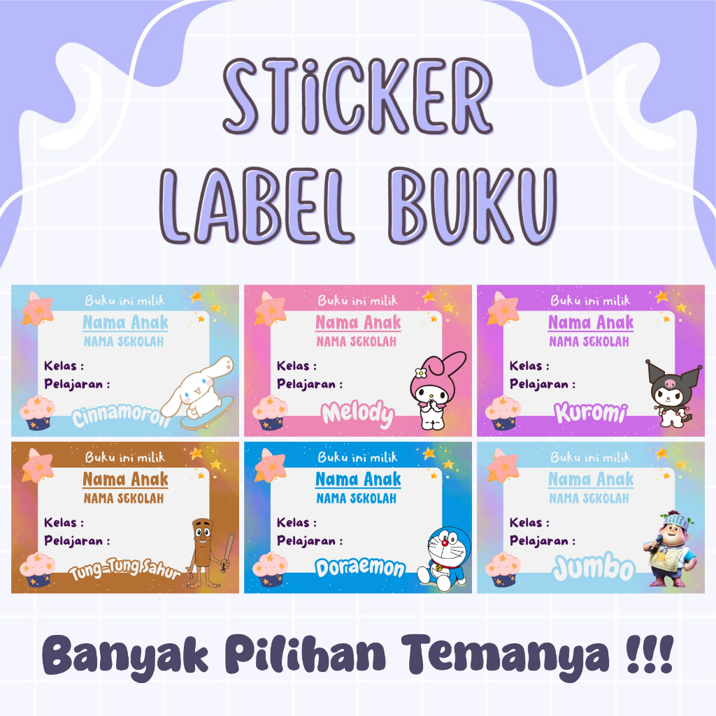 

[Isi 60 Pcs] Sticker Label Buku Pelajaran Custom Nama Banyak pilihan karakter