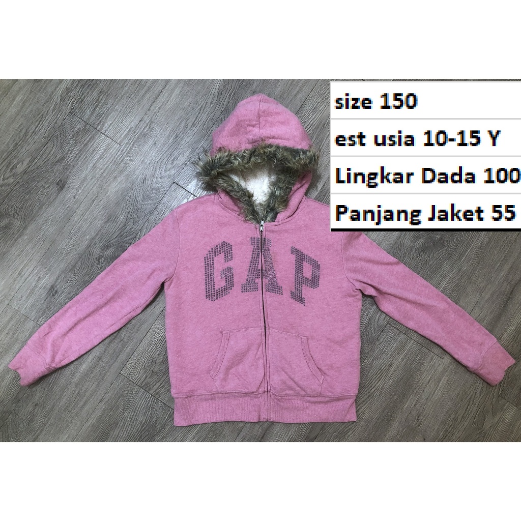 Jaket GAP Serva Bulu Hoodie Hangat Pink Musim Dingin Anak-Remaja Second Preloved